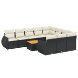 11 Piece Garden Sofa Set with Cushions Black Poly Rattan - Front View