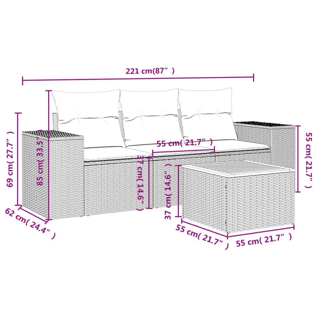 4 Piece Garden Sofa Set with Cushions Grey Poly Rattan