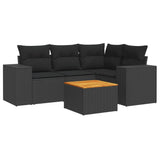 5 Piece Garden Sofa Set with Cushions Black Poly Rattan - Front View