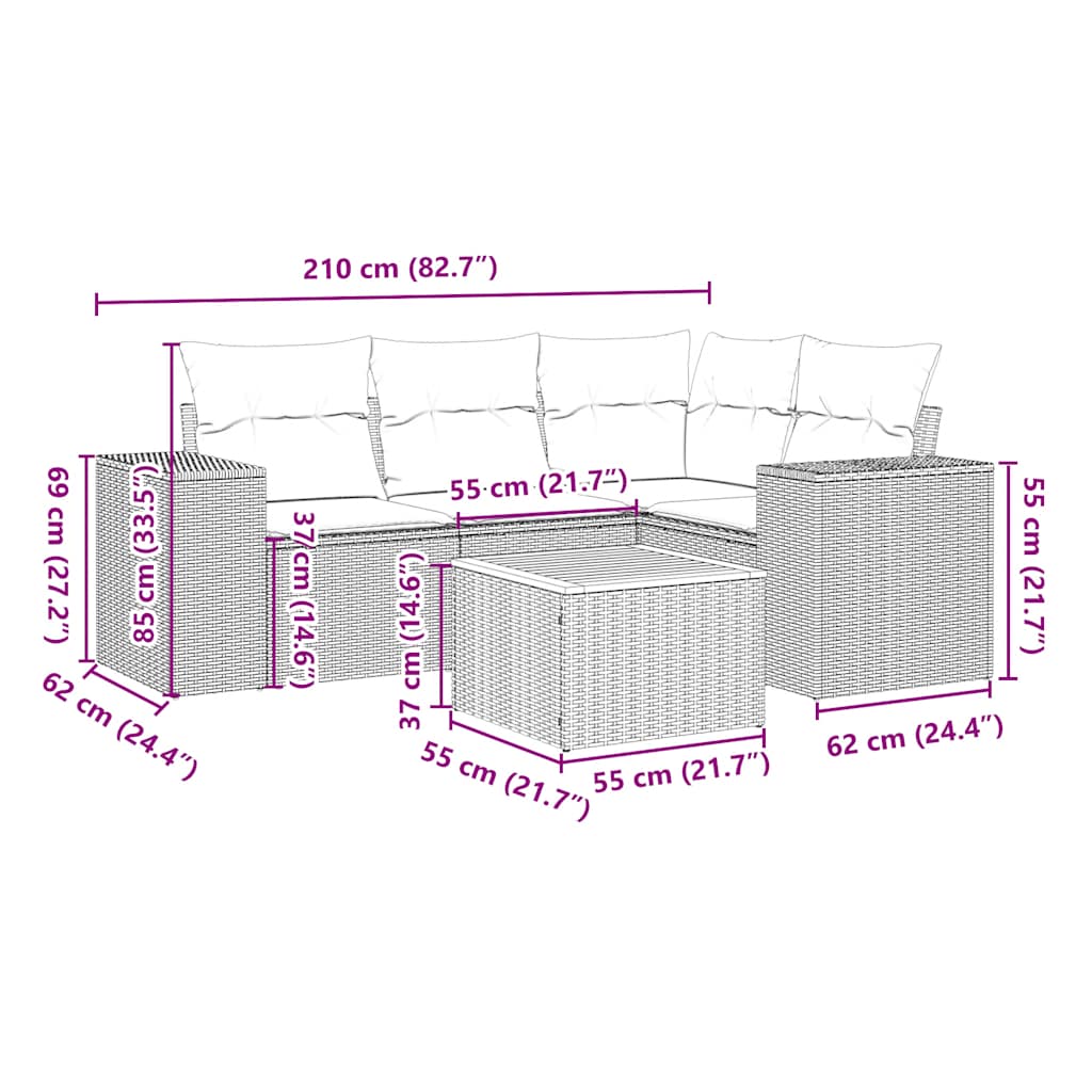 5 Piece Garden Sofa Set with Cushions Black Poly Rattan