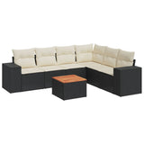 7 Piece Garden Sofa Set with Cushions Black Poly Rattan - Front View