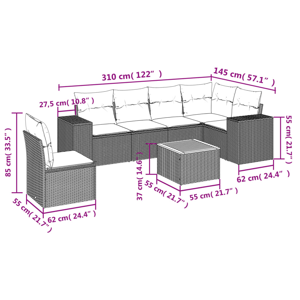 7 Piece Garden Sofa Set with Cushions Grey Poly Rattan