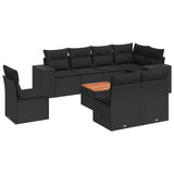9 Piece Garden Sofa Set with Cushions Black Poly Rattan - Front View