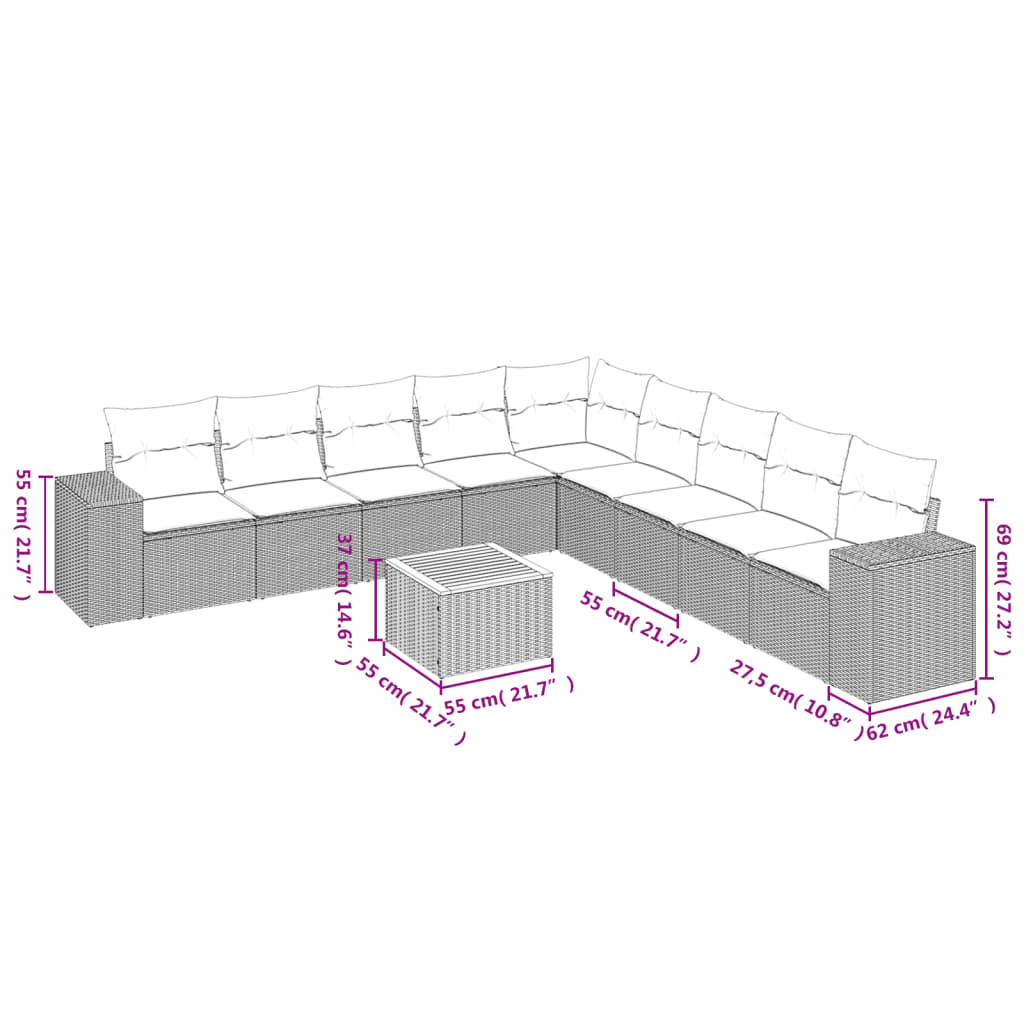 10 Piece Garden Sofa Set with Cushions Beige Poly Rattan