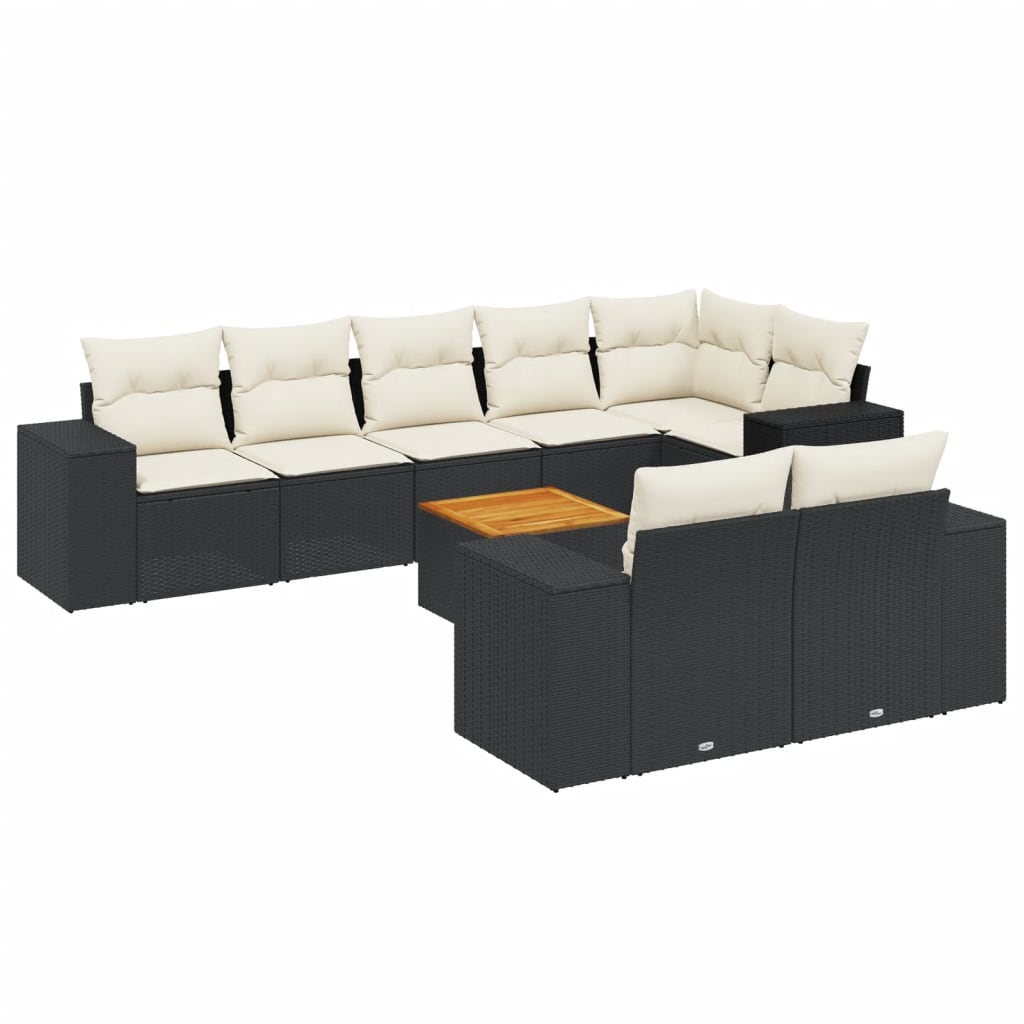 9 Piece Garden Sofa Set with Cushions Black Poly Rattan