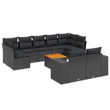 10 Piece Garden Sofa Set with Cushions Black Poly Rattan - Front View
