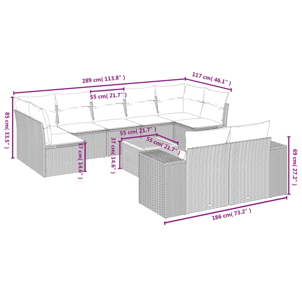 10 Piece Garden Sofa Set with Cushions Grey Poly Rattan