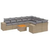 10 Piece Garden Sofa Set with Cushions Beige Poly Rattan - Front View