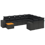 10 Piece Garden Sofa Set with Cushions Black Poly Rattan - Front View