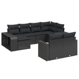 10 Piece Garden Sofa Set with Cushions Black Poly Rattan - Front View