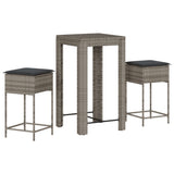 3 Piece Garden Bar Set with Cushions Grey Poly Rattan - Front View