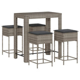 5 Piece Garden Bar Set with Cushions Grey Poly Rattan - Front View