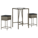 3 Piece Garden Bar Set with Cushions Grey Poly Rattan - Front View