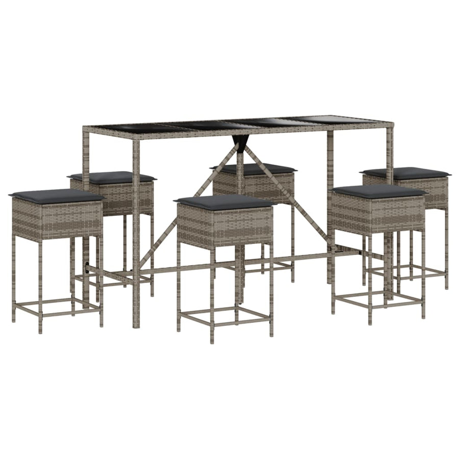 7 Piece Garden Bar Set with Cushions Grey Poly Rattan