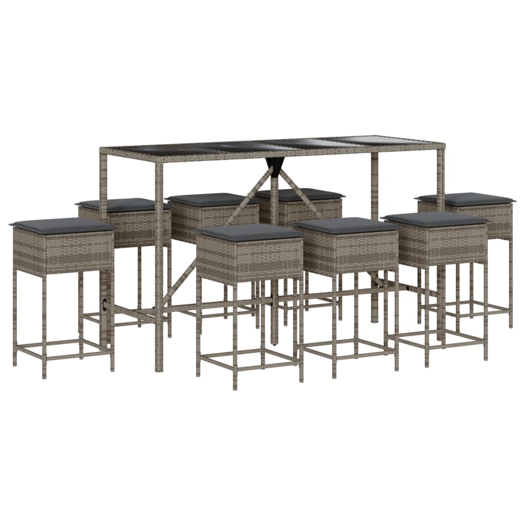 9 Piece Garden Bar Set with Cushions Grey Poly Rattan