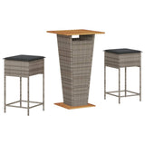 3 Piece Garden Bar Set with Cushions Grey Poly Rattan - Front View