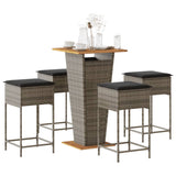 5 Piece Garden Bar Set with Cushions Grey Poly Rattan
