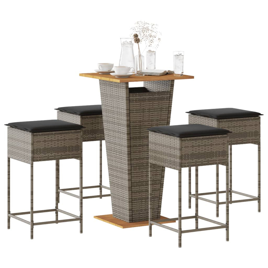 5 Piece Garden Bar Set with Cushions Grey Poly Rattan