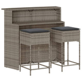 3 Piece Garden Bar Set with Cushions Grey Poly Rattan - Front View