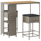3 Piece Garden Bar Set with Cushions Grey Poly Rattan - Front View