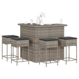 5 Piece Garden Bar Set with Cushions Grey Poly Rattan