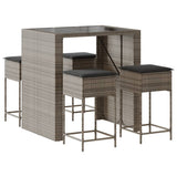 5 Piece Garden Bar Set with Cushions Grey Poly Rattan