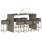 9 Piece Garden Bar Set with Cushions Grey Poly Rattan