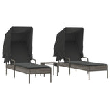 Sun Loungers 2 pcs with Canopies and Table Grey Poly Rattan - Front View