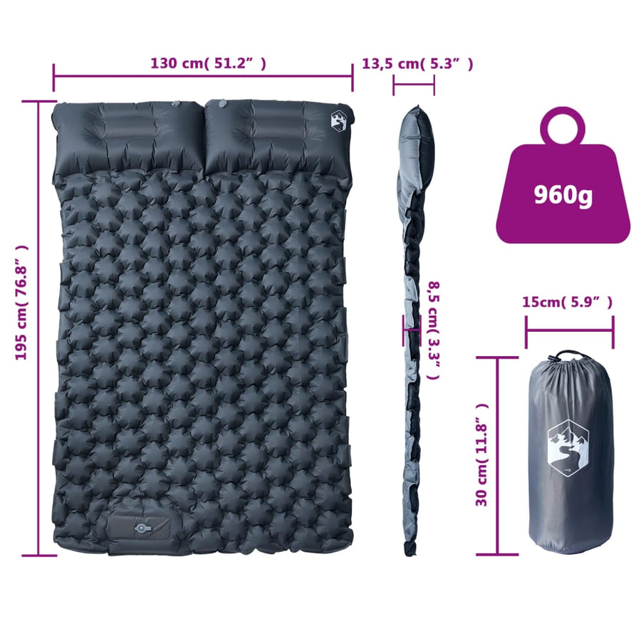 Self Inflating Camping Mattress with Pillows 2-Person Grey