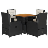 5 Piece Garden Dining Set with Cushions Black Poly Rattan