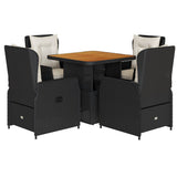 5 Piece Garden Dining Set with Cushions Black Poly Rattan - Front View