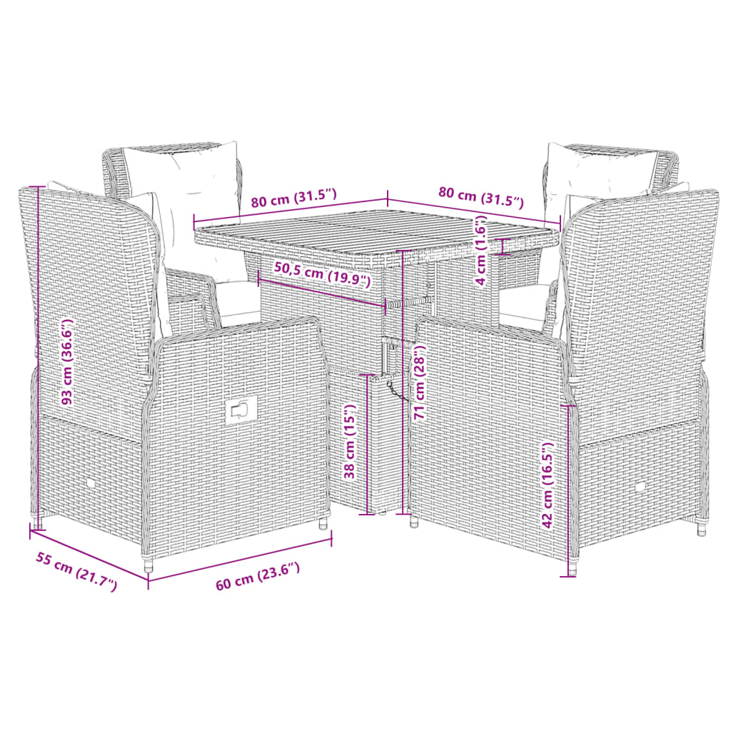5 Piece Garden Dining Set with Cushions Black Poly Rattan