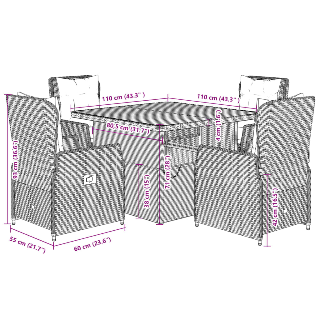 5 Piece Garden Dining Set with Cushions Black Poly Rattan