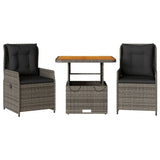 3 Piece Bistro Set with Cushions Grey Poly Rattan - Front View