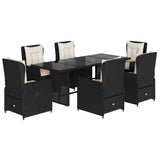 7 Piece Garden Dining Set with Cushions Black Poly Rattan - Front View