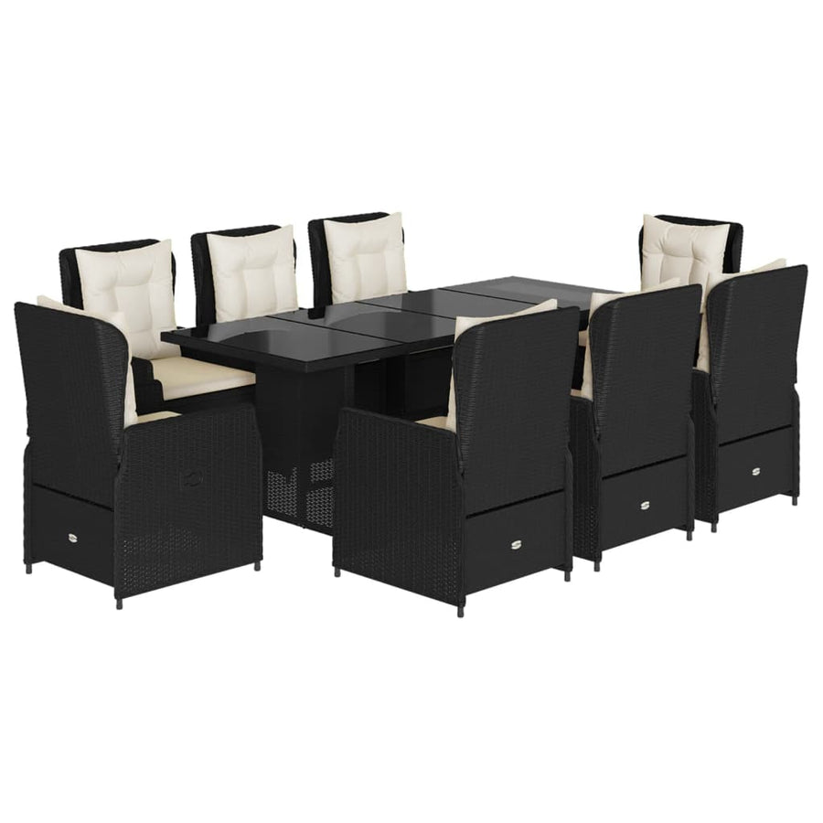 9 Piece Garden Dining Set with Cushions Black Poly Rattan