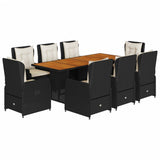 9 Piece Garden Dining Set with Cushions Black Poly Rattan - Front View