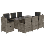 9 Piece Garden Dining Set with Cushions Grey Poly Rattan - Front View