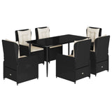 7 Piece Garden Dining Set with Cushions Black Poly Rattan - Front View