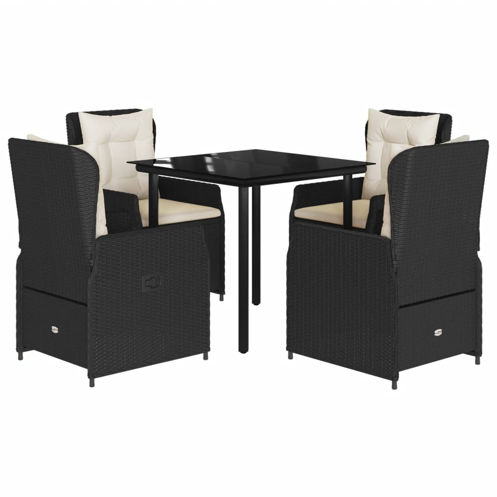 5 Piece Garden Dining Set with Cushions Black Poly Rattan