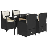 5 Piece Garden Dining Set with Cushions Black Poly Rattan - Front View