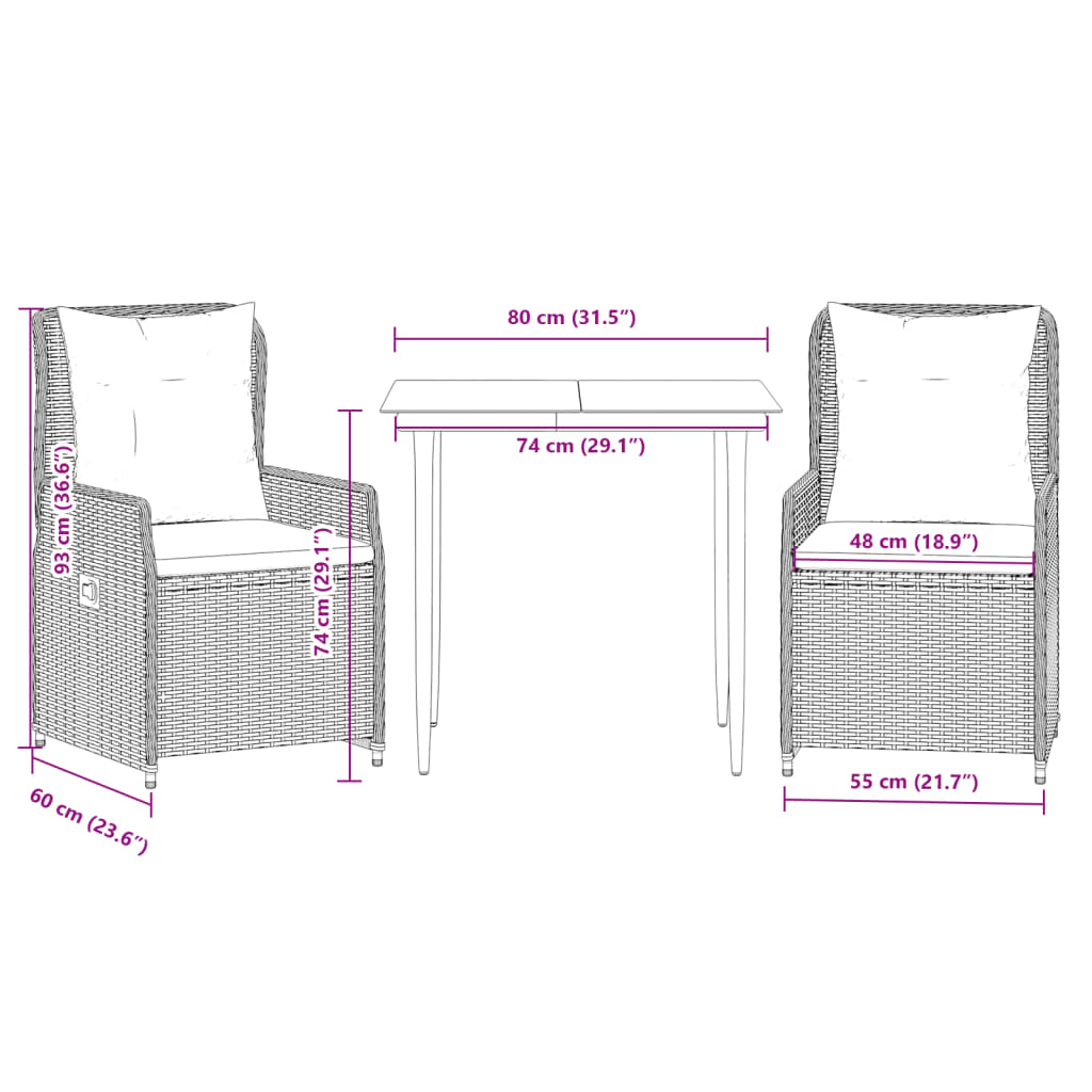 3 Piece Garden Dining Set with Cushions Grey Poly Rattan