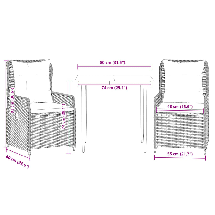 3 Piece Garden Dining Set with Cushions Grey Poly Rattan
