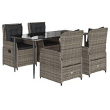 5 Piece Garden Dining Set with Cushions Grey Poly Rattan - Front View