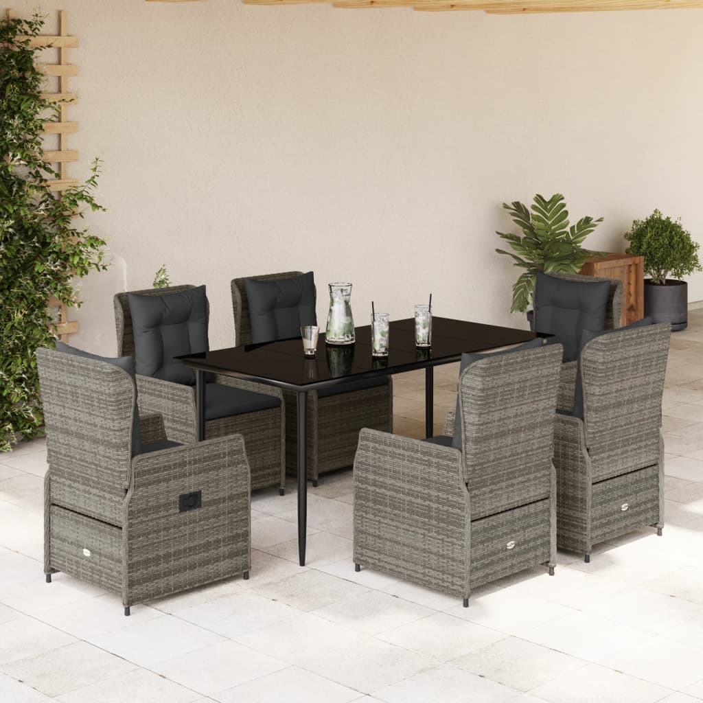 7 Piece Garden Dining Set with Cushions Grey Poly Rattan