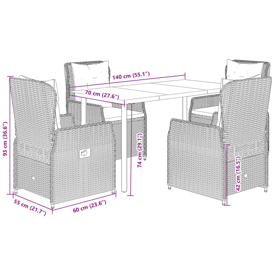 5 Piece Garden Dining Set with Cushions Grey Poly Rattan