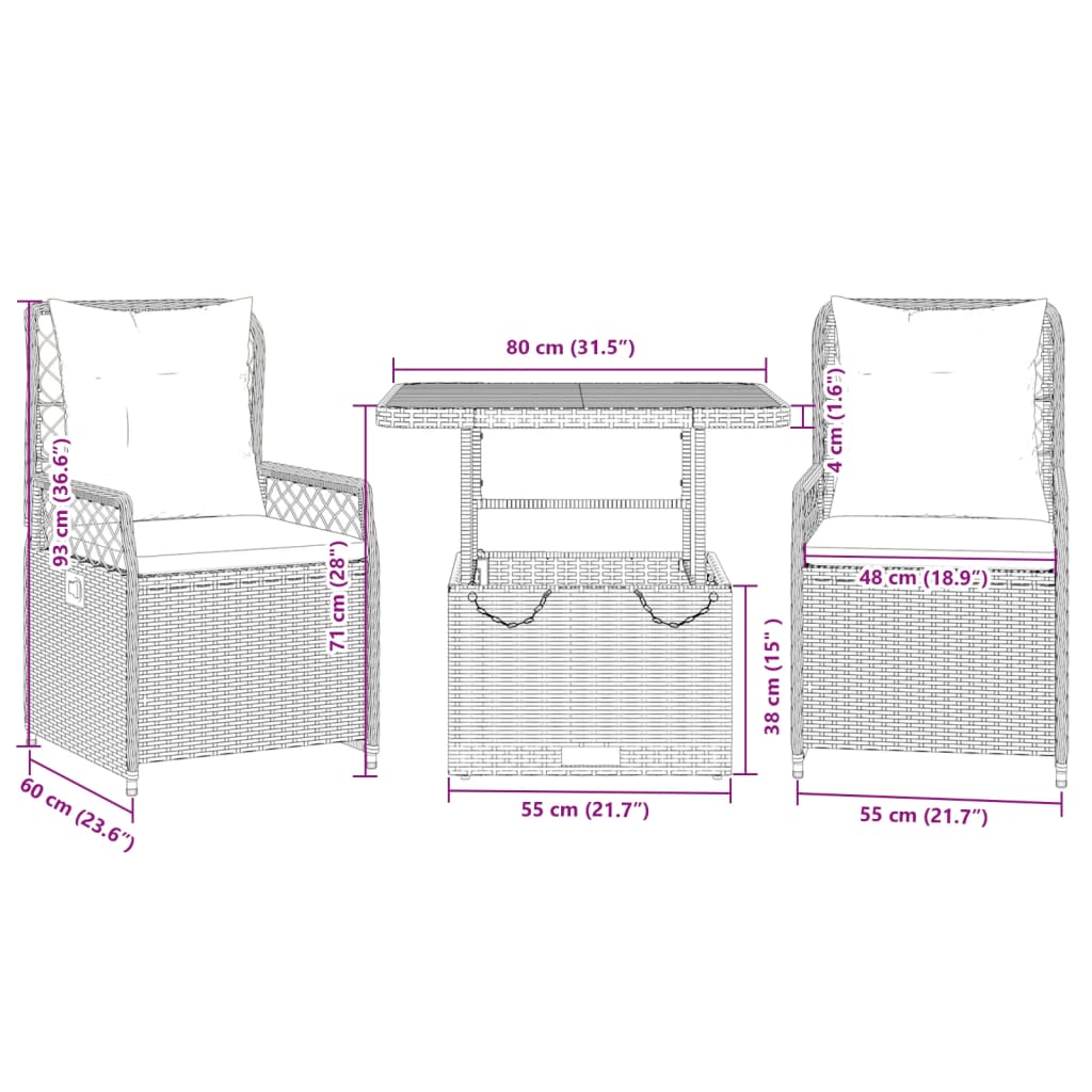 3 Piece Garden Dining Set with Cushions Black Poly Rattan