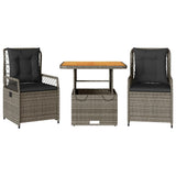 3 Piece Garden Dining Set with Cushions Grey Poly Rattan - Front View