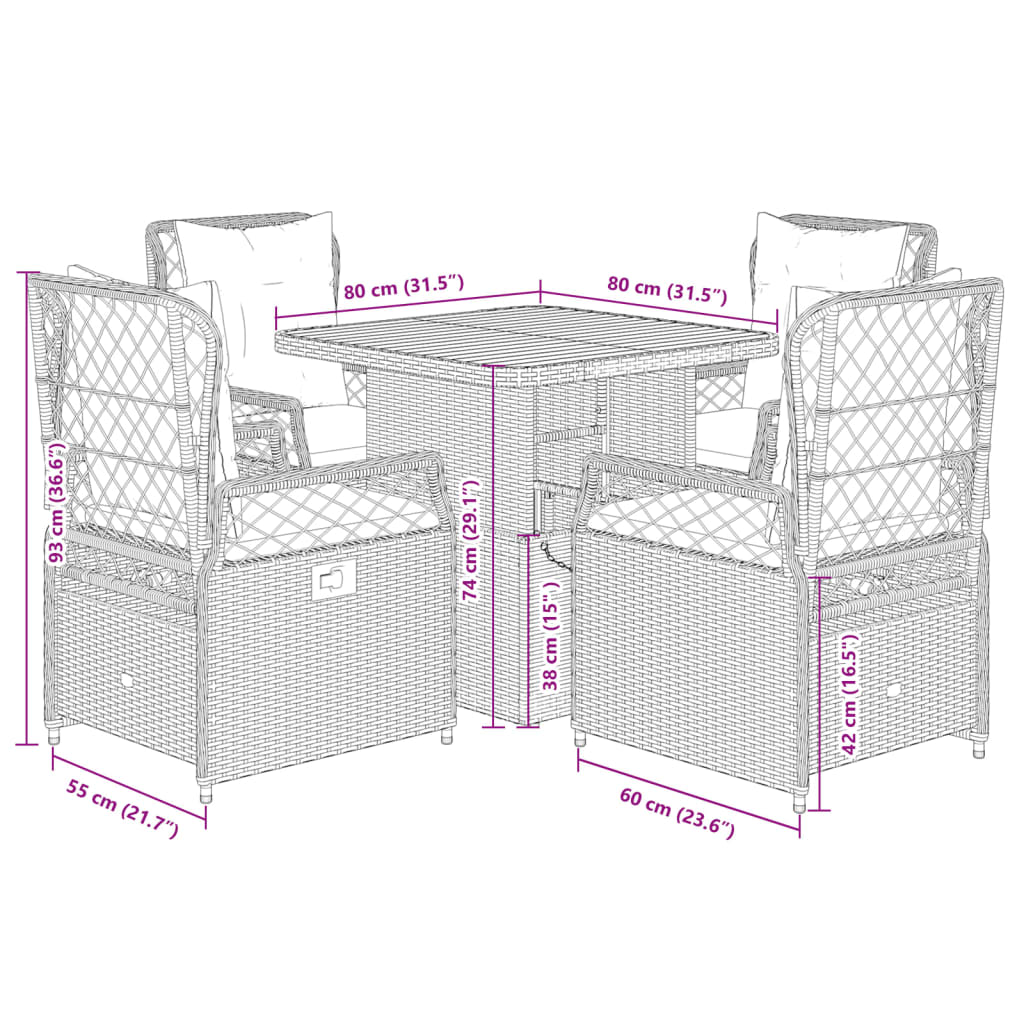 5 Piece Garden Dining Set with Cushions Grey Poly Rattan