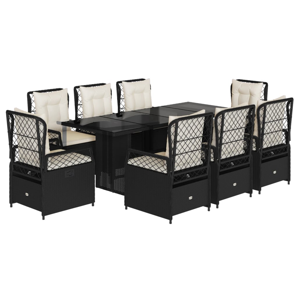 9 Piece Garden Dining Set with Cushions Black Poly Rattan